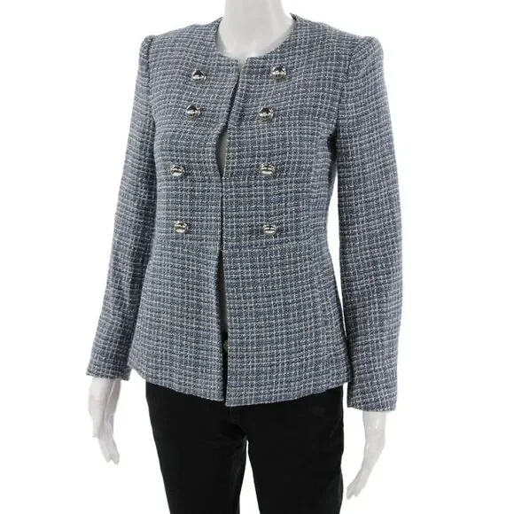 Zara Women Checked Cotton Blend Blazer Button Crew Neck Long Sleeve Size S - Picture 2 of 4